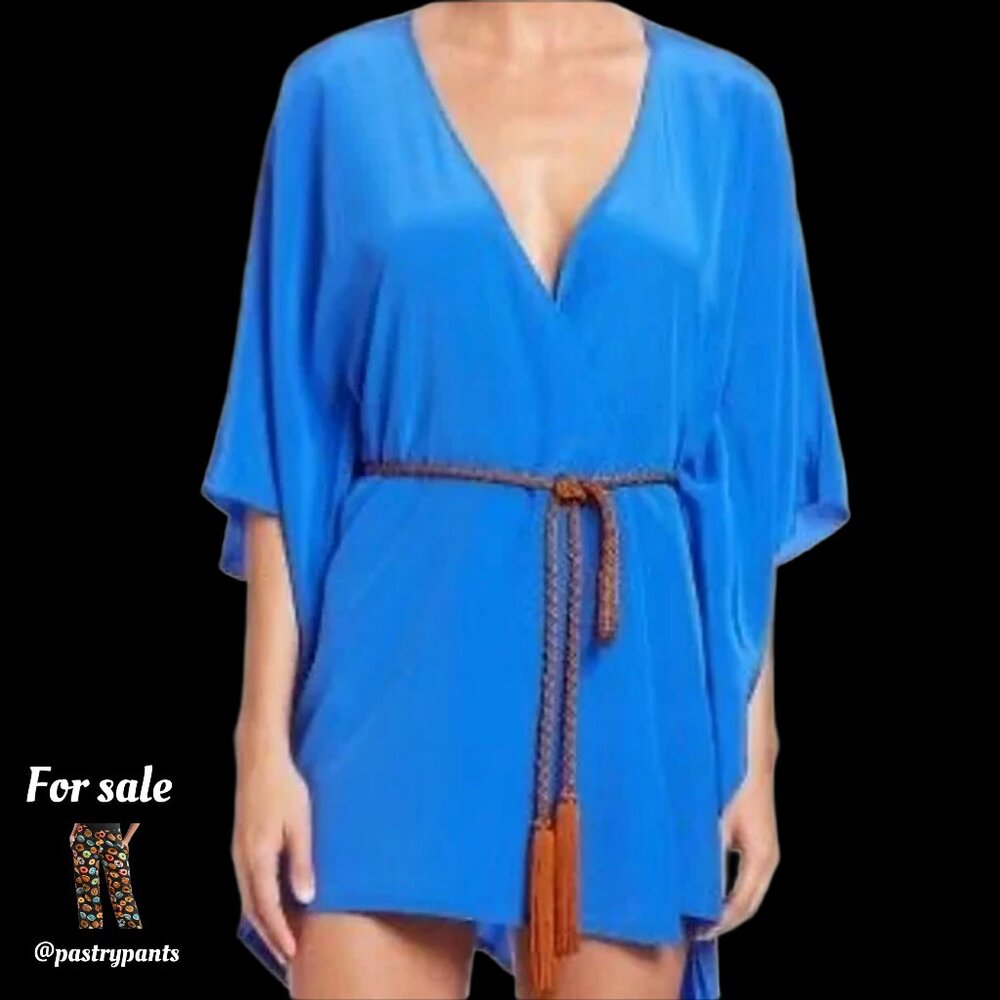 Lazul Caelia Calypso Tunic Blue belted silk wrap cover-up Saks 5th Avenue sz 1